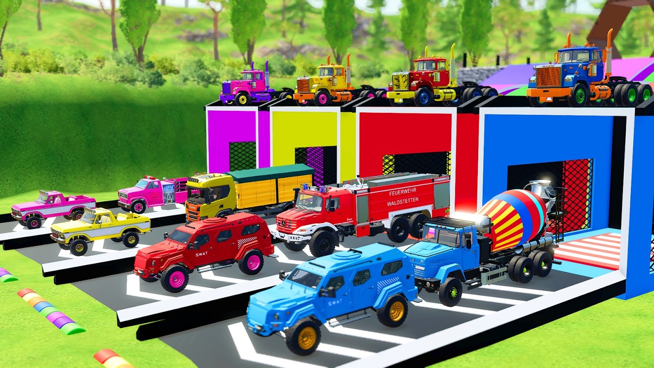 TRANSPORTING POLICE CARS, AMBULANCE, FIRE TRUCK, COLORFUL CARS WITH TRUCK -FARMING SIMULATOR 22!