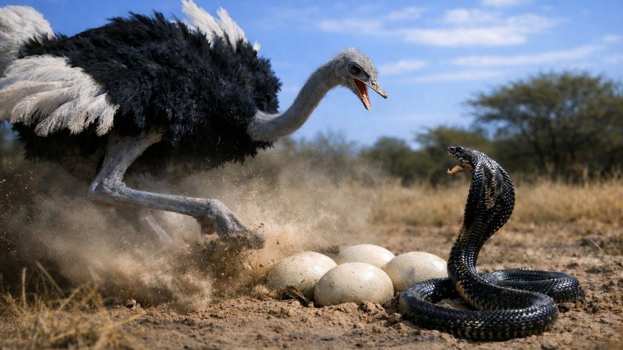 Ostrich vs Cobra: A Night Battle to Protect the Eggs