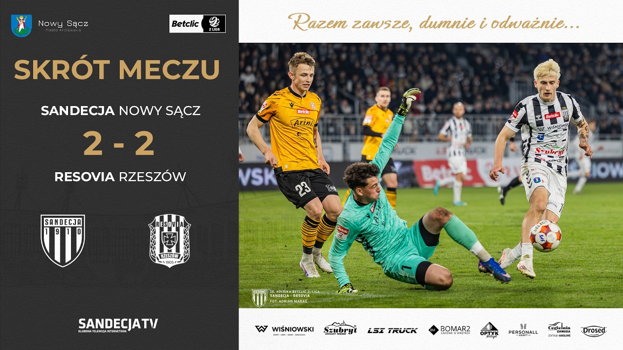 Sandecja Nowy Sącz - Resovia Rzesz&oacute;w 2:2 (0:2) | skr&oacute;t meczu | 02.04.2026