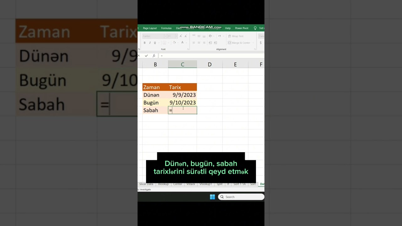 Excel Bug&uuml;n, D&uuml;nən Və Sabahın tarixləri #excel #exceldersi #baku #azerbaycan
