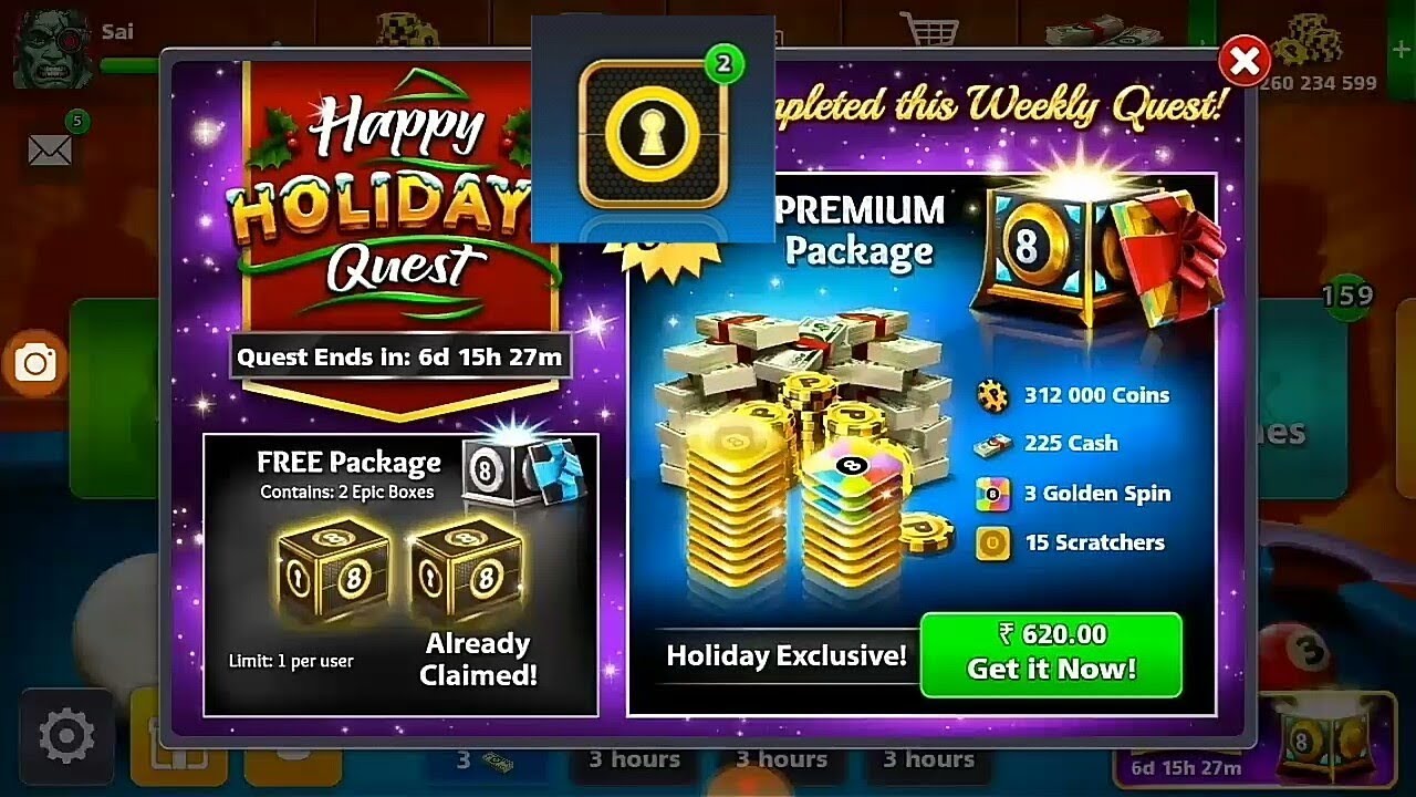8 ball pool happy holiday queast 4 / free epic boxes