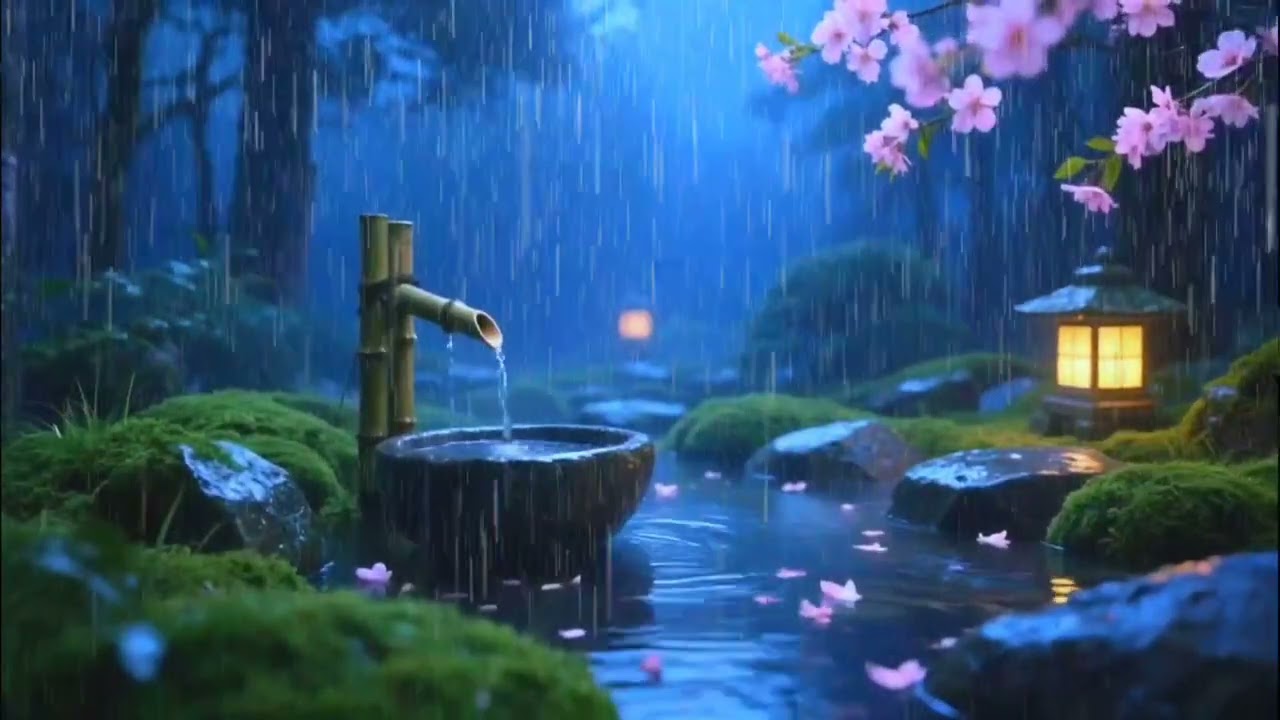 Soft Rain and Peaceful Piano in a Zen Garden at Night | Restful Sleep