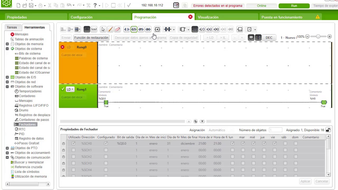 Schneider M221: Reloj RTC, fechadores (Schedule block)