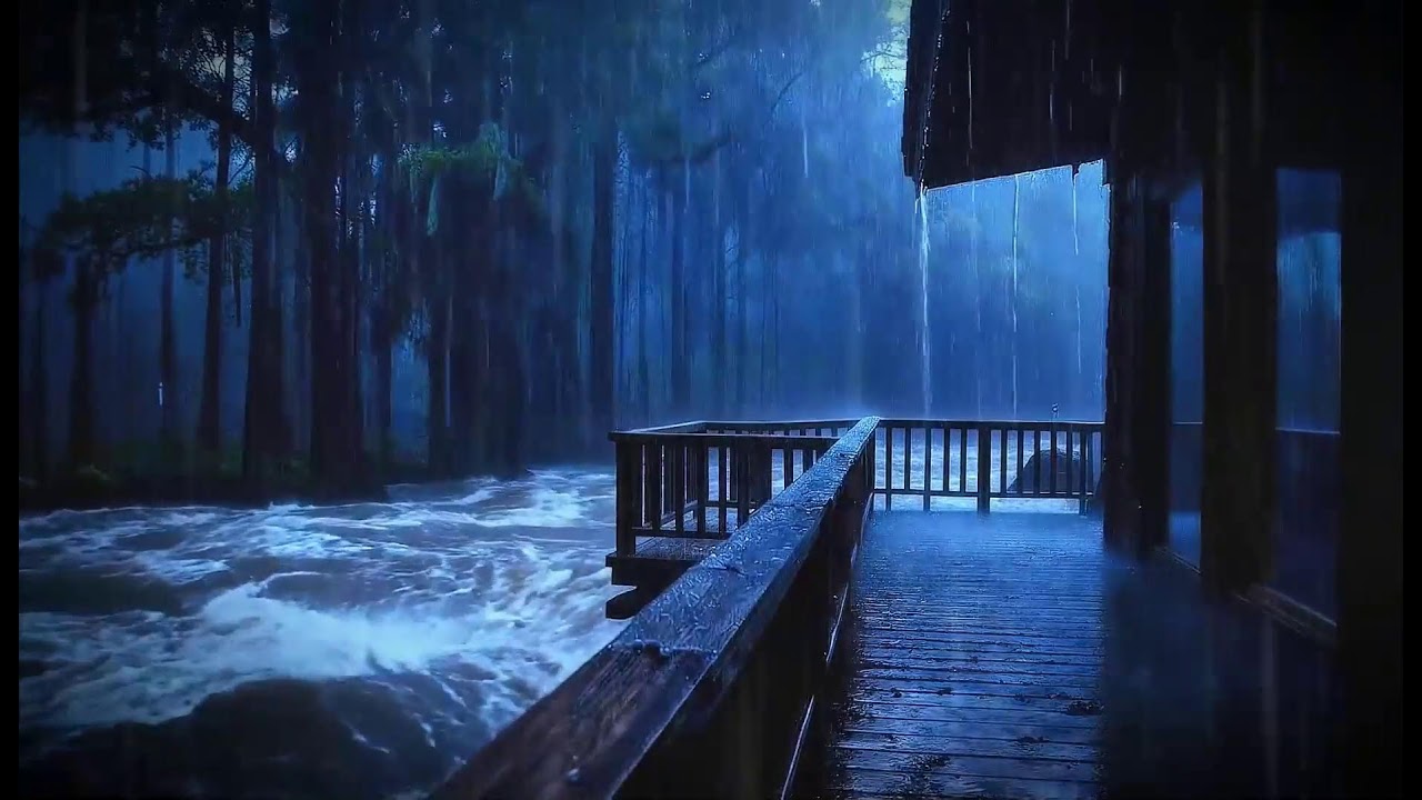 Heavy Rain on a Wooden Deck | Forest Cabin Night Rain Sounds for Sleep (No Talking)