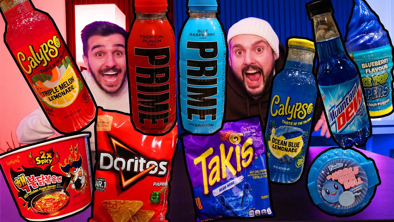 ROT vs. BLAU CHALLENGE! Scharfe Nudeln, Blaue Takis, Blauer & Roter PRIME 😬