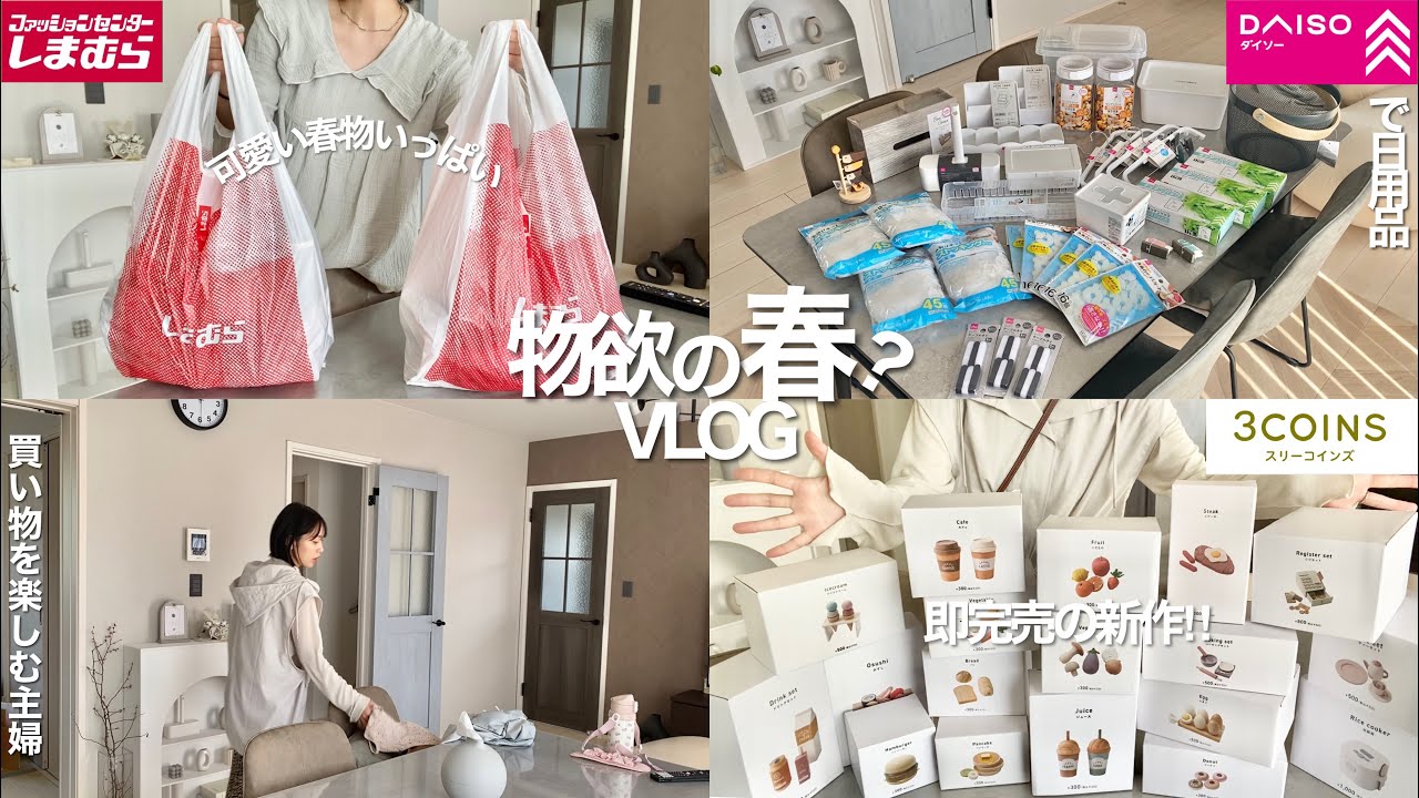 【物欲の春】買い物を楽しむ主婦の2日間🛍しまむら春服🌸3COINSの新作争奪戦🛒ダイソーで日用品と収納見直し🪞【購入品紹介】