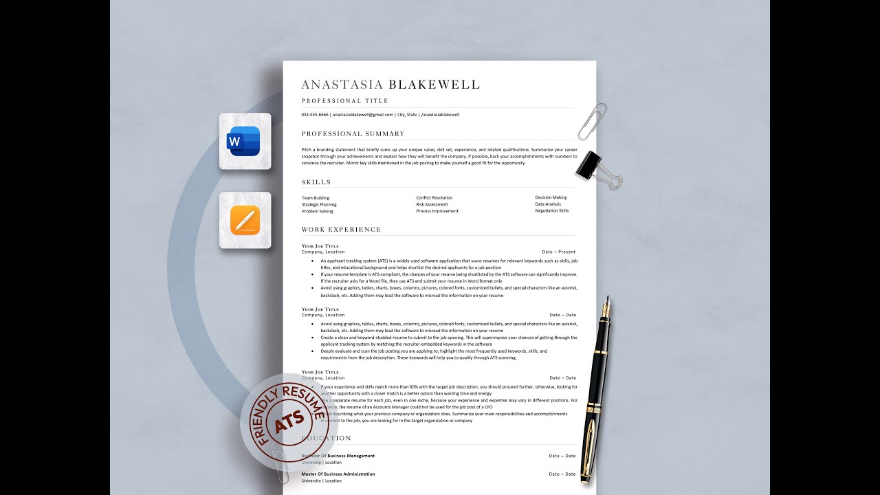 ATS-Friendly Resume Template | 2-Page Modern CV Design | Cover Letter Included