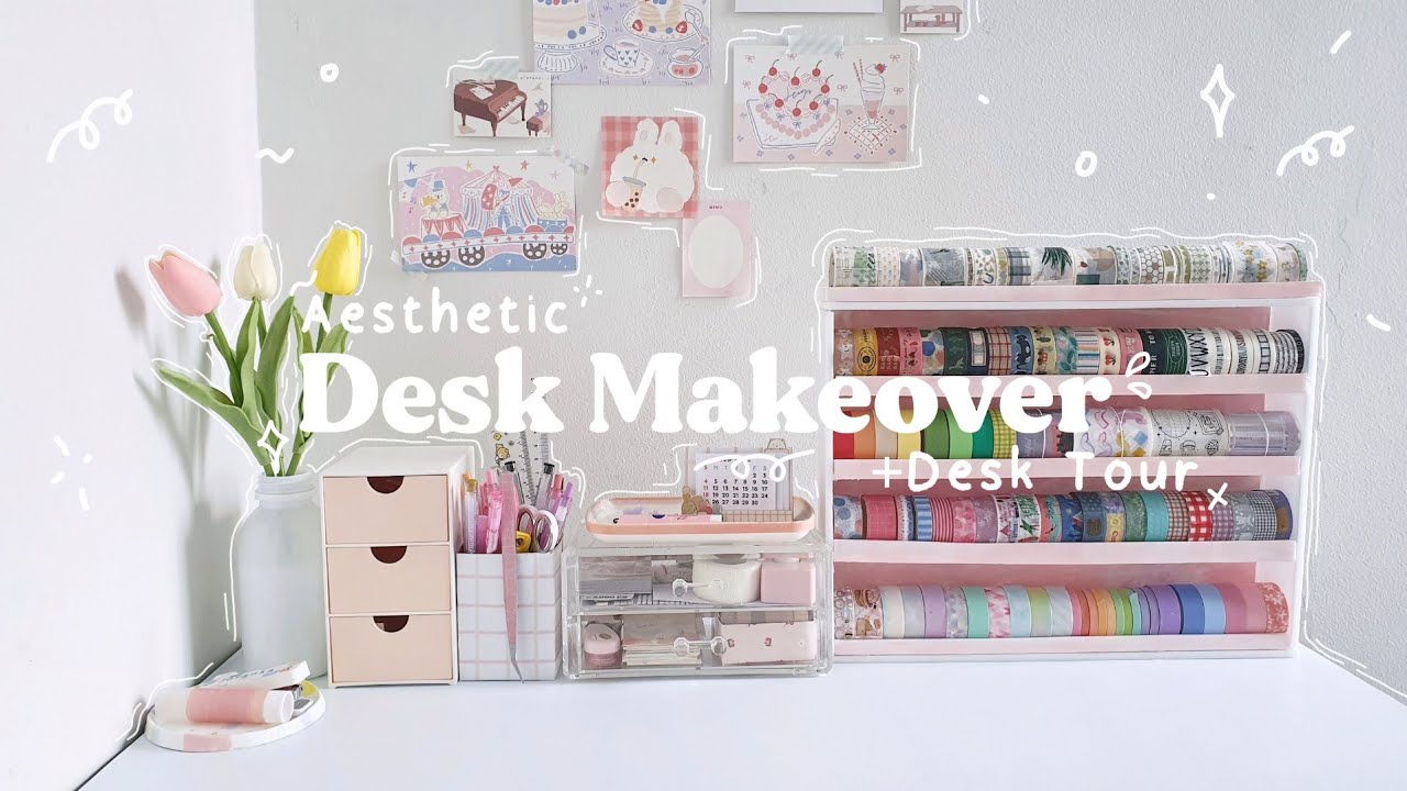 .｡*ﾟPastel Aesthetic Desk Makeover + Desk Tour 2021 - Indonesia 2021🌷 ( Click CC for Eng Sub)