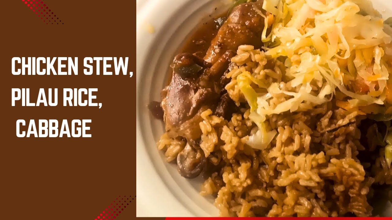 Chicken stew, pilau rice and cabbage- a healthy Ugandan meal