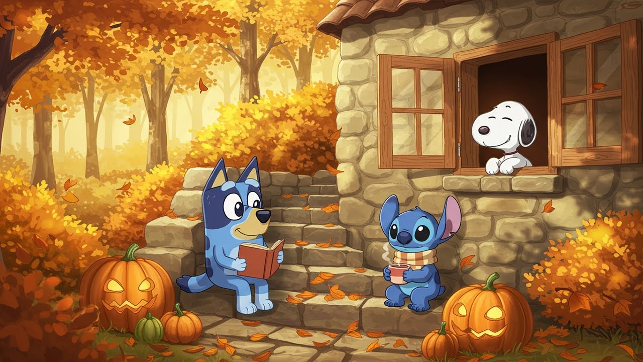 Stitch, Bluey & Snoopy Cozy Autumn Cottage 🎃 Lofi Study Work Relax with Warm Fall Forest Vibes 🍂