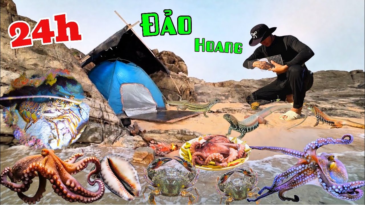 24h cắm trại tr&ecirc;n đảo h&ograve;n ghềnh lặn t&igrave;m thức ăn gặp ổ bạch tuộc t&ocirc;m h&ugrave;m xanh | 24 hour&rsquo;s camping 