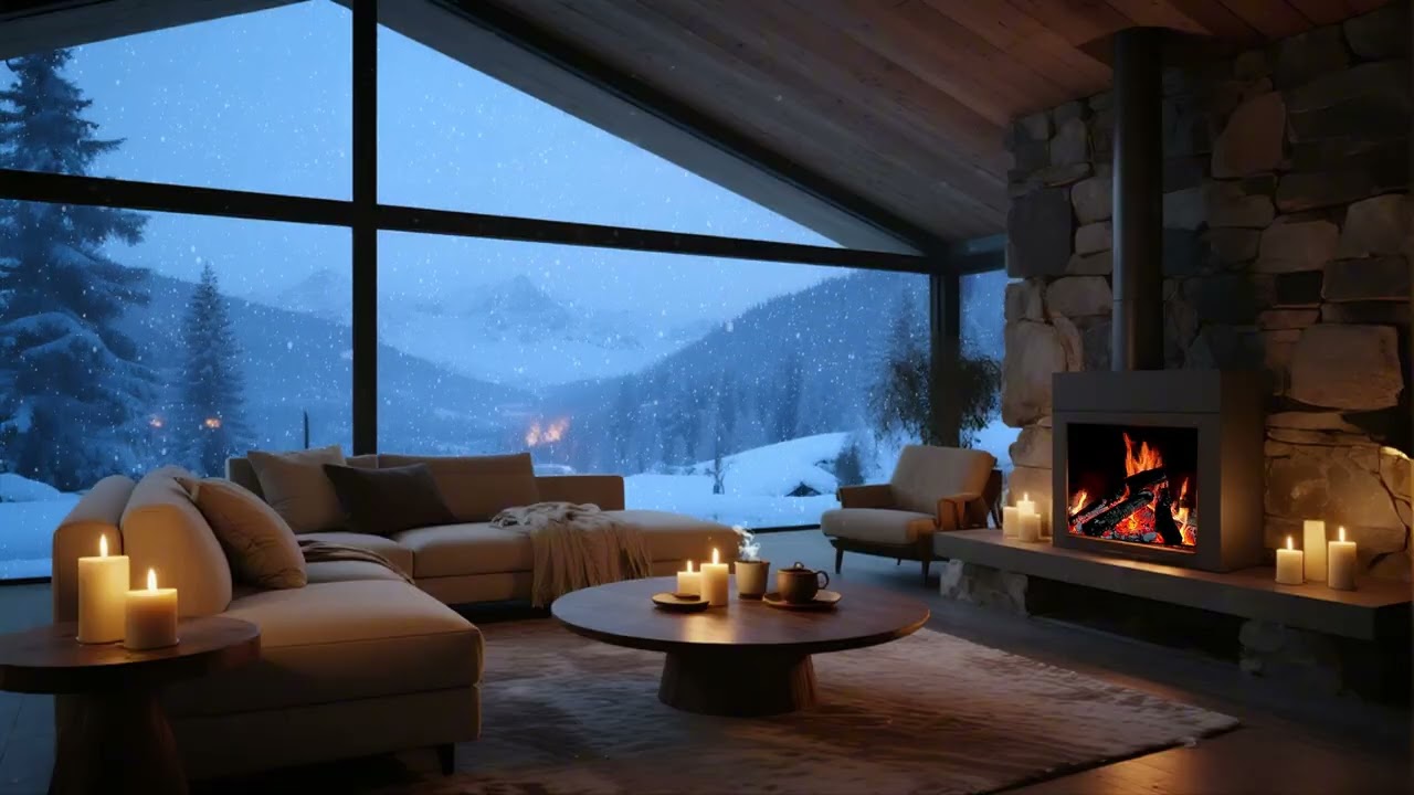 ❄️ Peaceful Winter Night 🔥 Snowy Modern Cabin Fireplace for Deep Relaxation