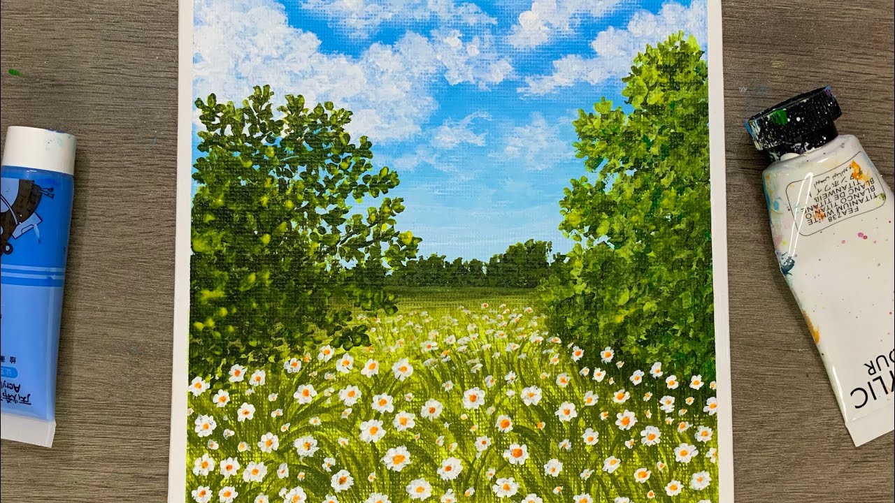 Easy Way to Paint Daisy Landscape / Acrylic Painting for Beginners