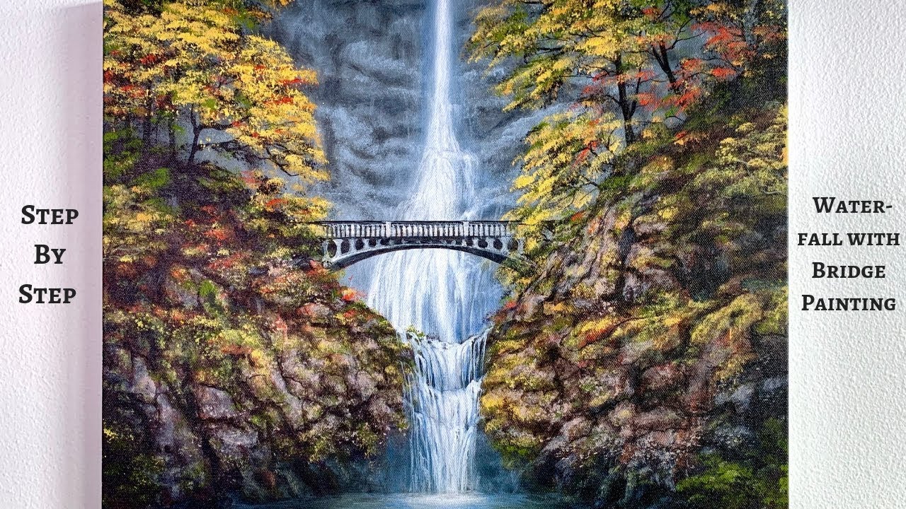 Waterfall with Bridge STEP BY STEP Acrylic Painting (ColorByFeliks)