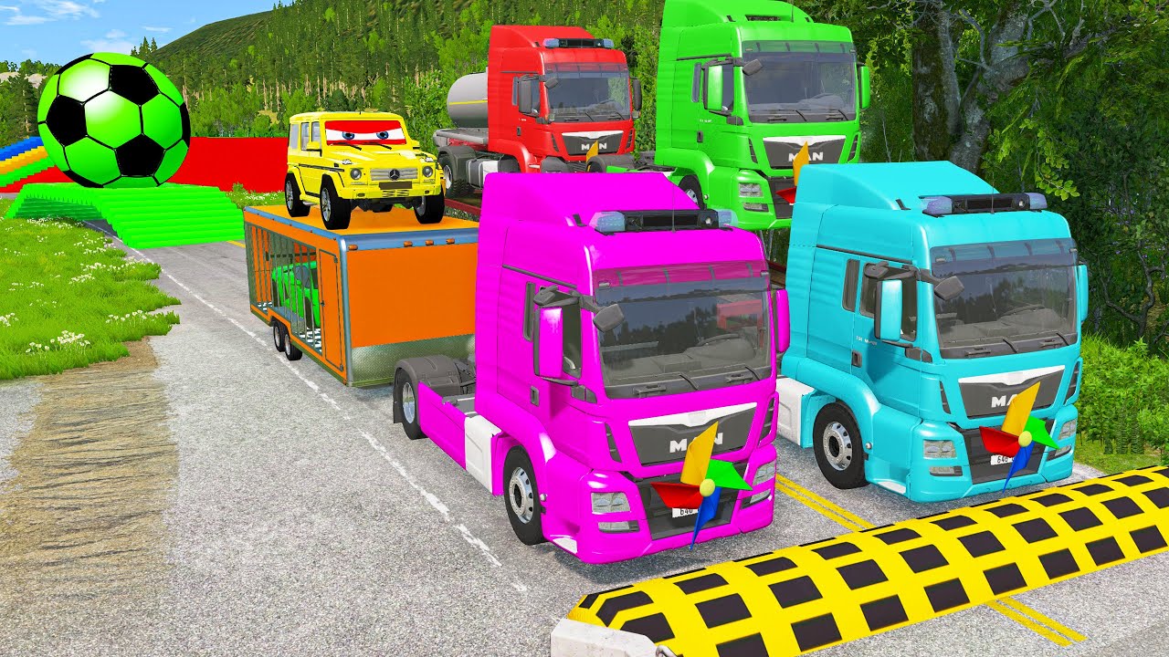 Flatbed Trailer Truck Rescue Bus - Cars vs Deep Water - Cars vs Rails and Trains - BeamNG Drive
