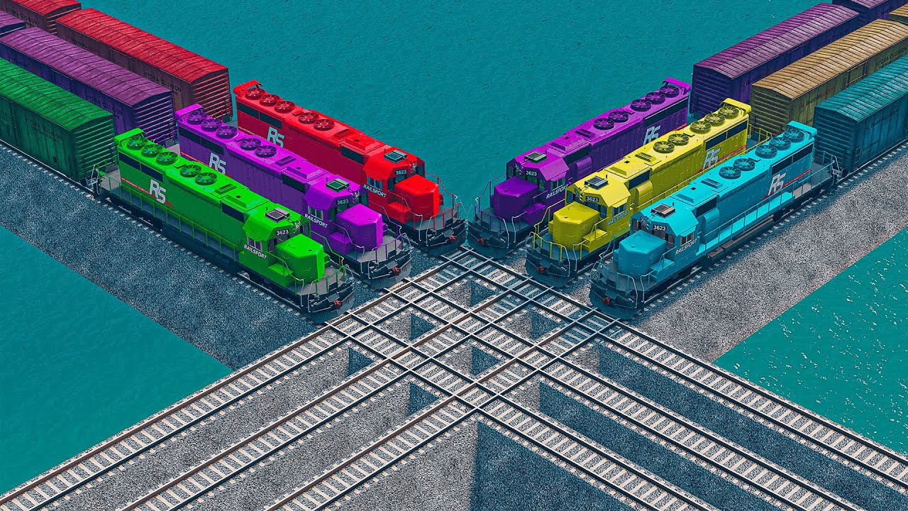 Triple Train Vs Colorful Trains vs Impossible Weird Rail Track Crossing Deepwater | BeamNG.drive