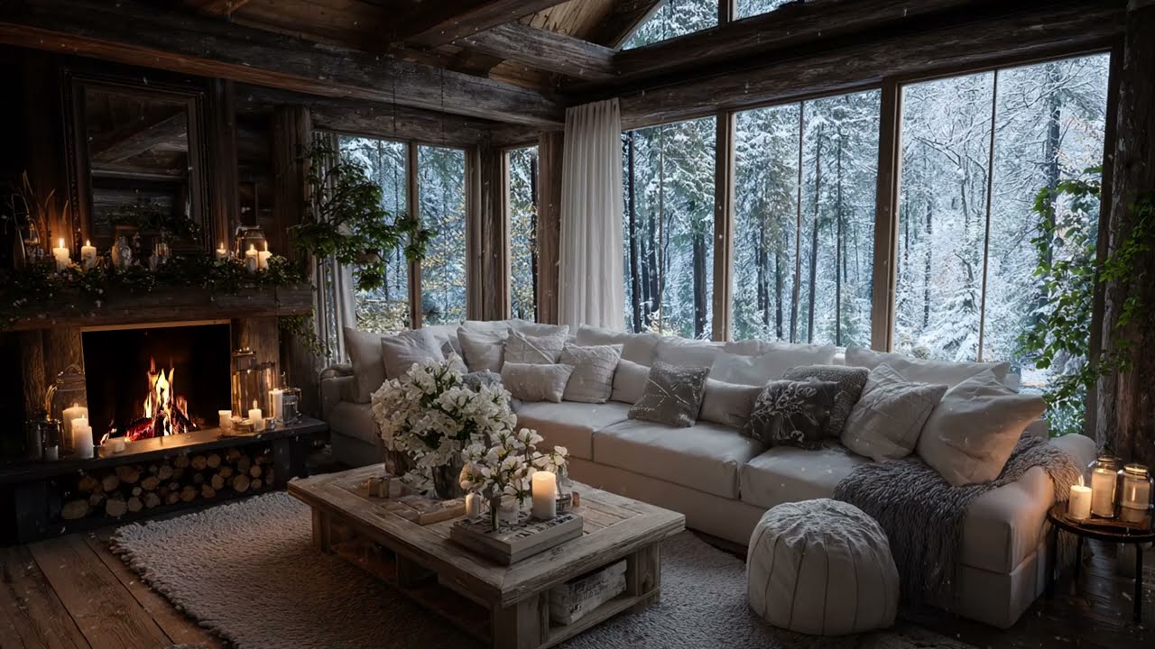 Soft Piano Music for a Restful Sleep: Snowy Cabin with Crackling Fireplace Atmosphere