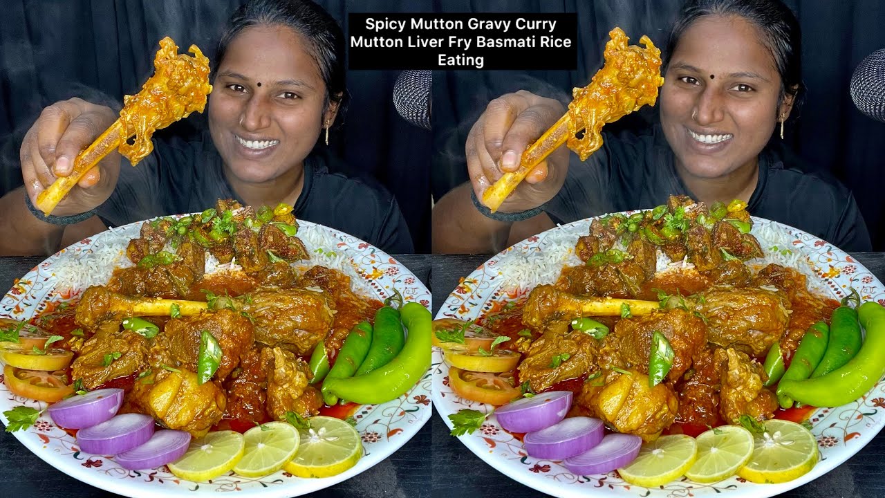Spicy Mutton Gravy Curry Mutton Liver Fry Basmati Rice Eating Challenge | Video 202