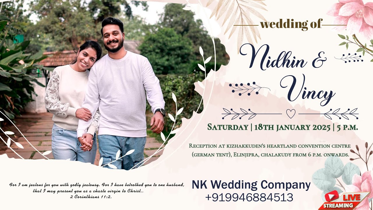 Wedding of Nidhin & Vincy on 18-01-2025 @ Kizhakuden's HeartLand Convention Centre 05.00 P M