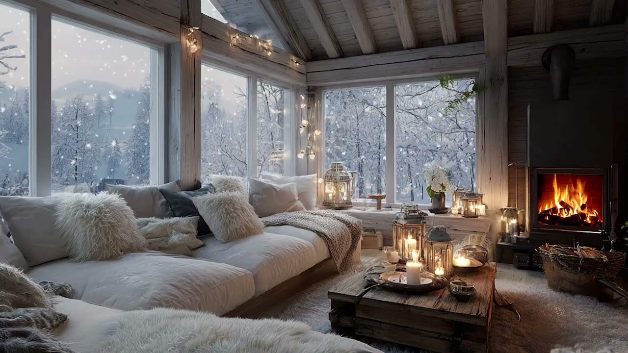 Winter Piano Ambience | White Floral Lounge with Fireplace for Stress Relief