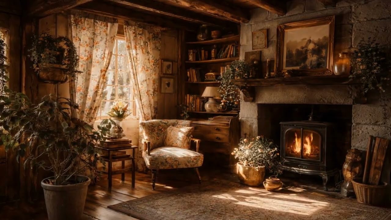 Peaceful Cottage Book Nook 📚 Fireplace Reading Ambience | Cozy Cabin Relaxation