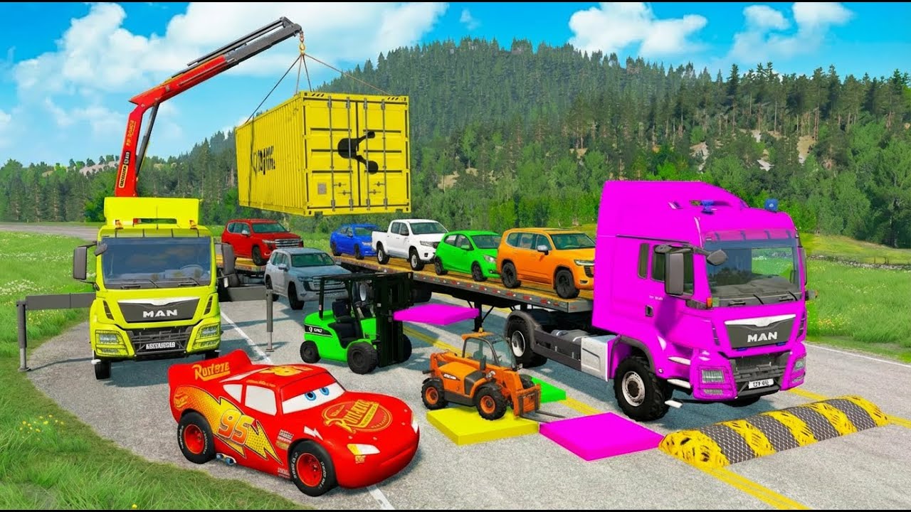 Triple Fladbed Trailer McQueen Transportation with Truck - Speedbumps vs Cars vs Train - BeamNG #262