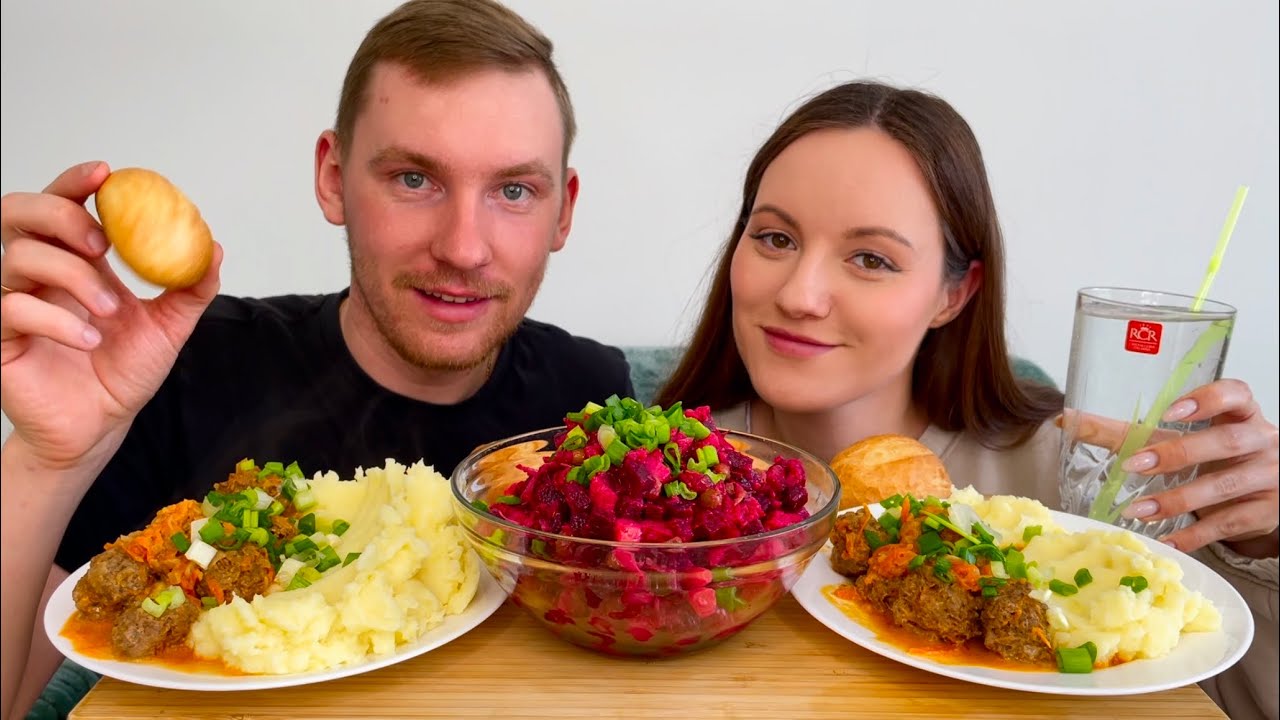 МУКБАНГ ПЮРЕ ВИНЕГРЕТ ТЕФТЕЛИ MUKBANG PUREE VINAIGRETTE MEATBALLS