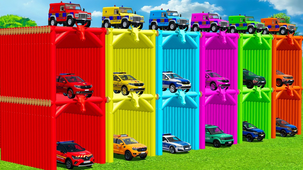 TRANSPORTING COLORED POLICE, DACIA, FORD & AUDI CARS WITH TRUCKS - FS22