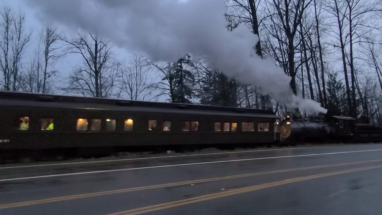 Dusk Mount Rainier Scenic Railroad Steam Train Returning to Elbe Station with Road Crossing