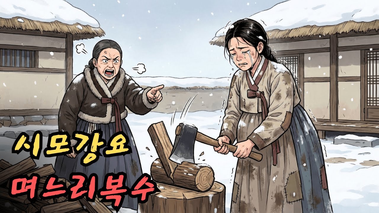 눈이 내리는 한겨울, 임신한 시어머니는 며느리에게 억지로 장작을 패게 했다. 며느리는 이에 반발하여 시어머니에게 복수했다.|민담 |전설 |설화 |옛날이야기 |오디오북