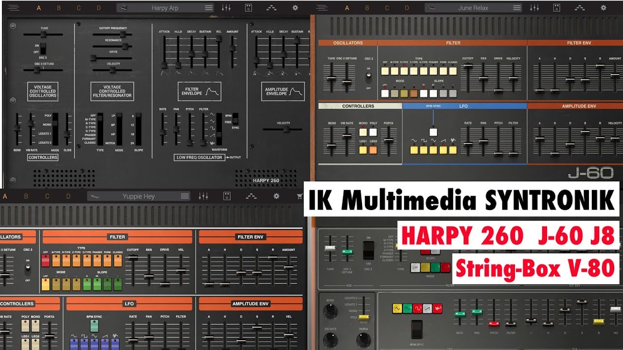 IK Multimedia SYNTRONIK: Harpy 260, J-60, J8, String Box & V-80 Sound Demo & Review