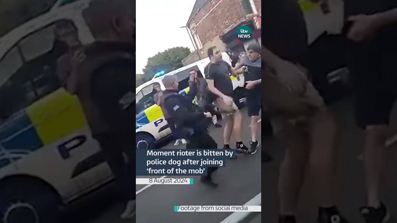 Moment rioter is bitten by police dog after joining &lsquo;front of the mob&rsquo; #itvnews #news #riot