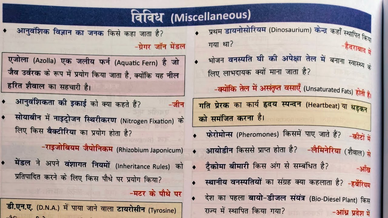 विविध (Miscellaneous) // Biology ncert oneliner science question// #Biology #ncert , All exam 