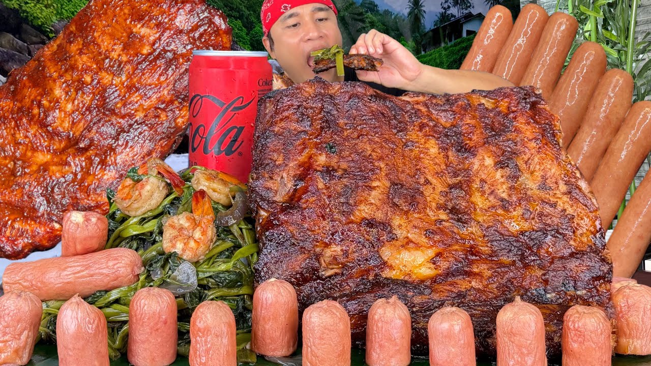 Huge Bbq Pork Ribs, Ginisang Kangkong with Shrimp in Oyster Sauce & New Yorker Hotdog Mukbang