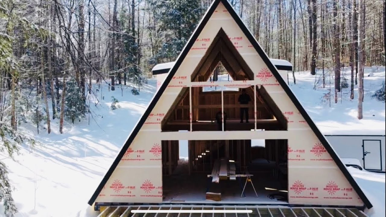 Couple Building modern A-FRAME house - Interior tour after framing