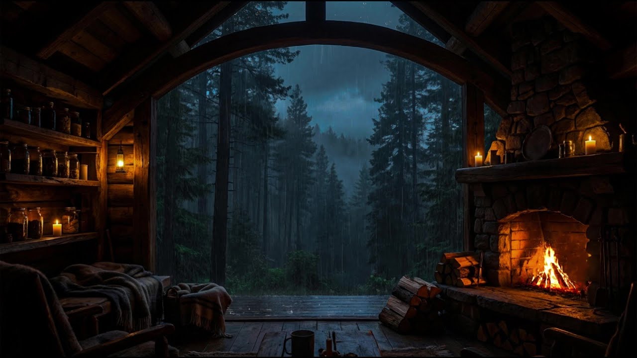 No Ads, Insomnia Relief Tonight | Rain & Crackling Fireplace Sounds in a Cozy Cabin (Deep Sleep)