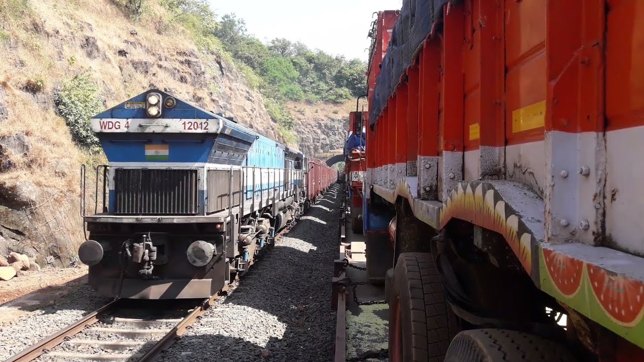Ro-Ro Train getting Looped at Ukshi for Crossing with Madgaon Double Decker & BCNA Freight Train