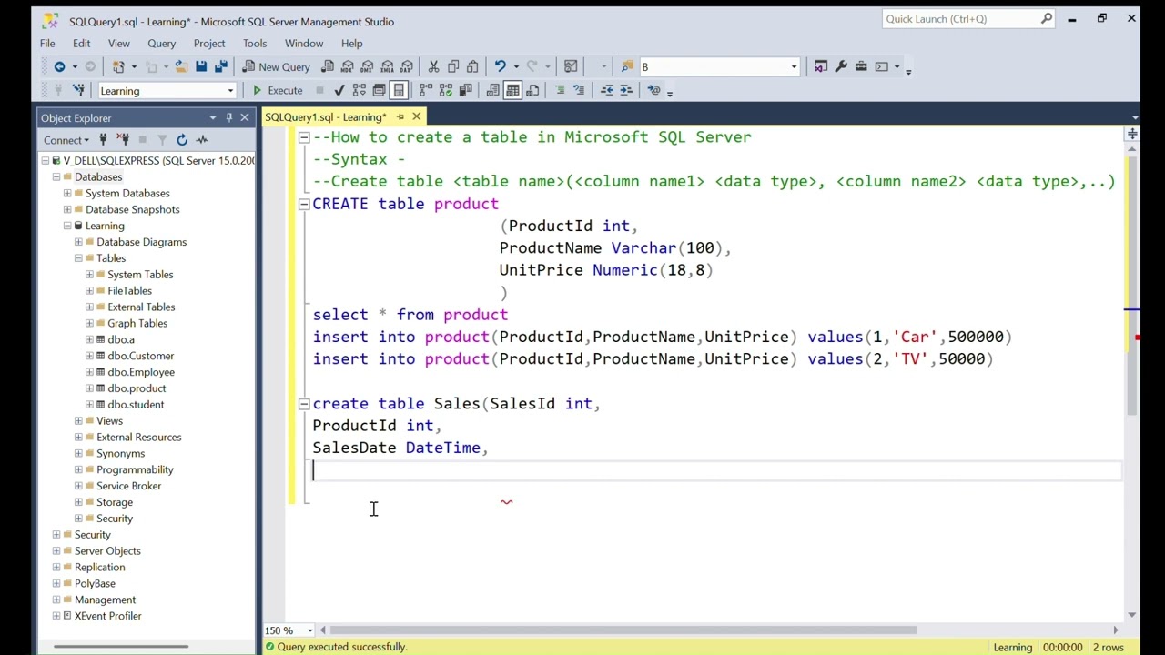 Learn to create Product and Sales tables with basic columns and insert data into them in SQL Server