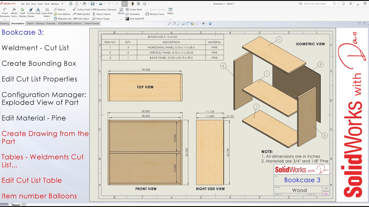 Bookcase 3 - Create a Cut List Table with Solidworks | DIY Furniture