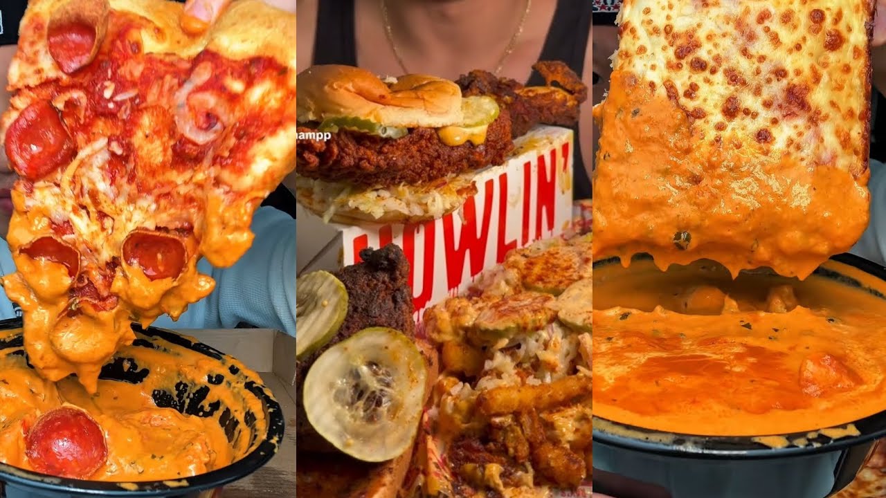 TIKTOK MUKBANG COMPILATION BUTTER CHICKEN PIZZA DAVES HOT CHICKEN MOZZARELLA STICKS BURRITO FIVE GUY