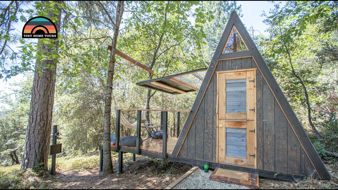 Young Woman Builds DIY Off Grid A-Frame Tiny House W/ Elevating Side Wall