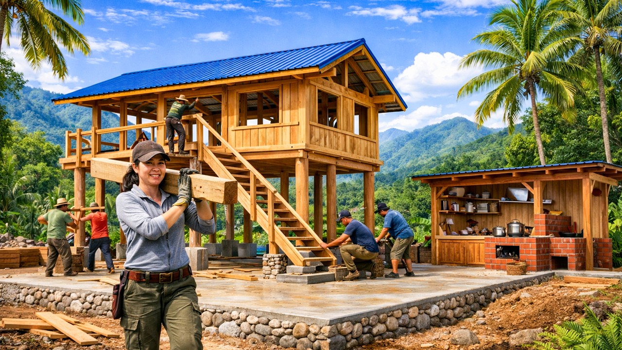 Leaving modern life behind, a girl builds a wooden house in the mountains. | by@trieumaihuong543