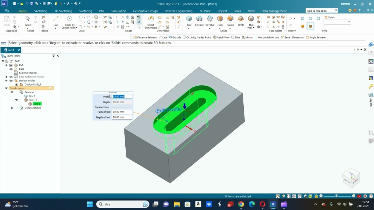 Solid Edge 2023 Eğitim Videoları-Senkron Parça Modelleme-8 Slot Komutu