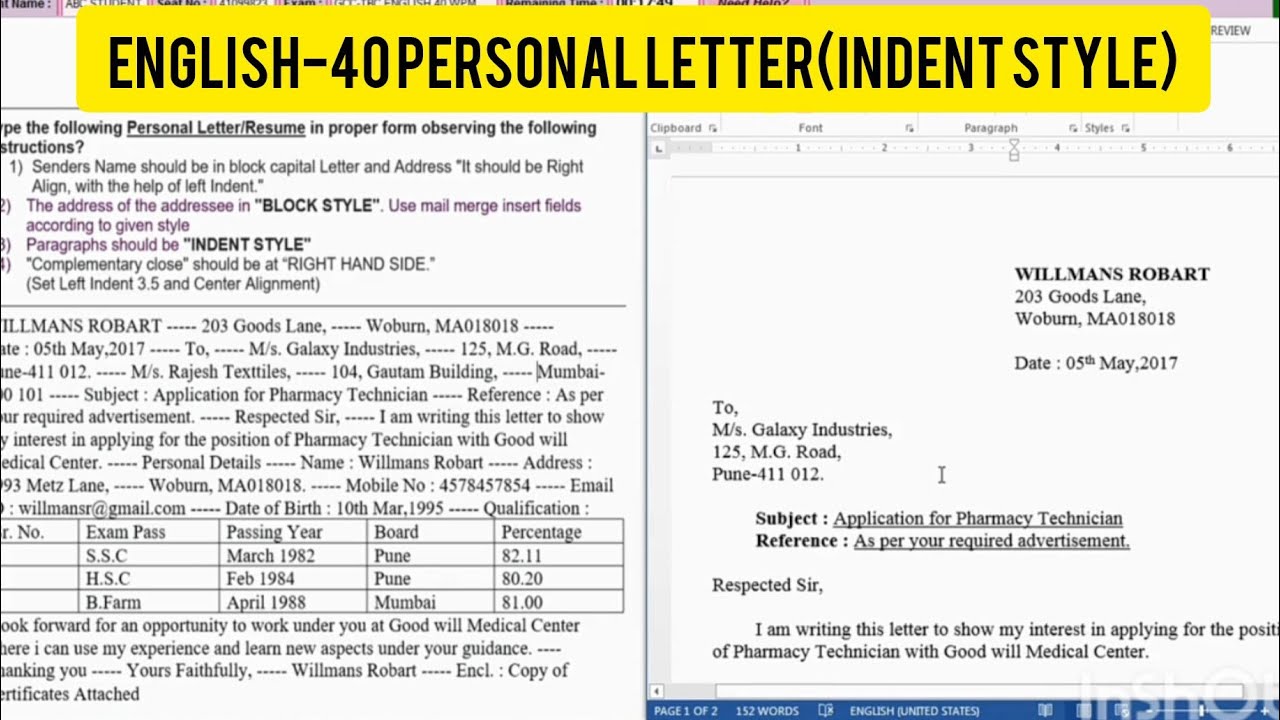 ENGLISH-40 TYPING PERSONAL LETTER(INDENT STYLE) 15/15 MARKS