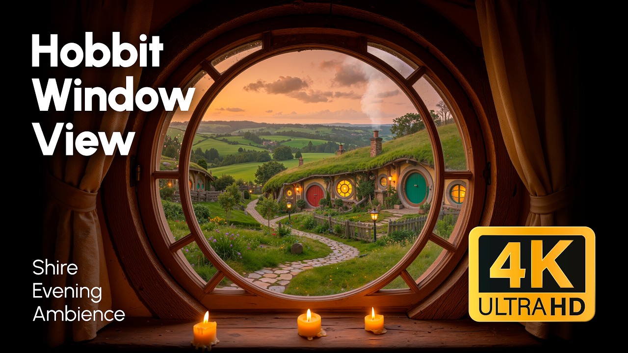 Hobbit Hole Window View of Hobbiton | Cozy Shire Evening Ambience with Medieval Music (4K)