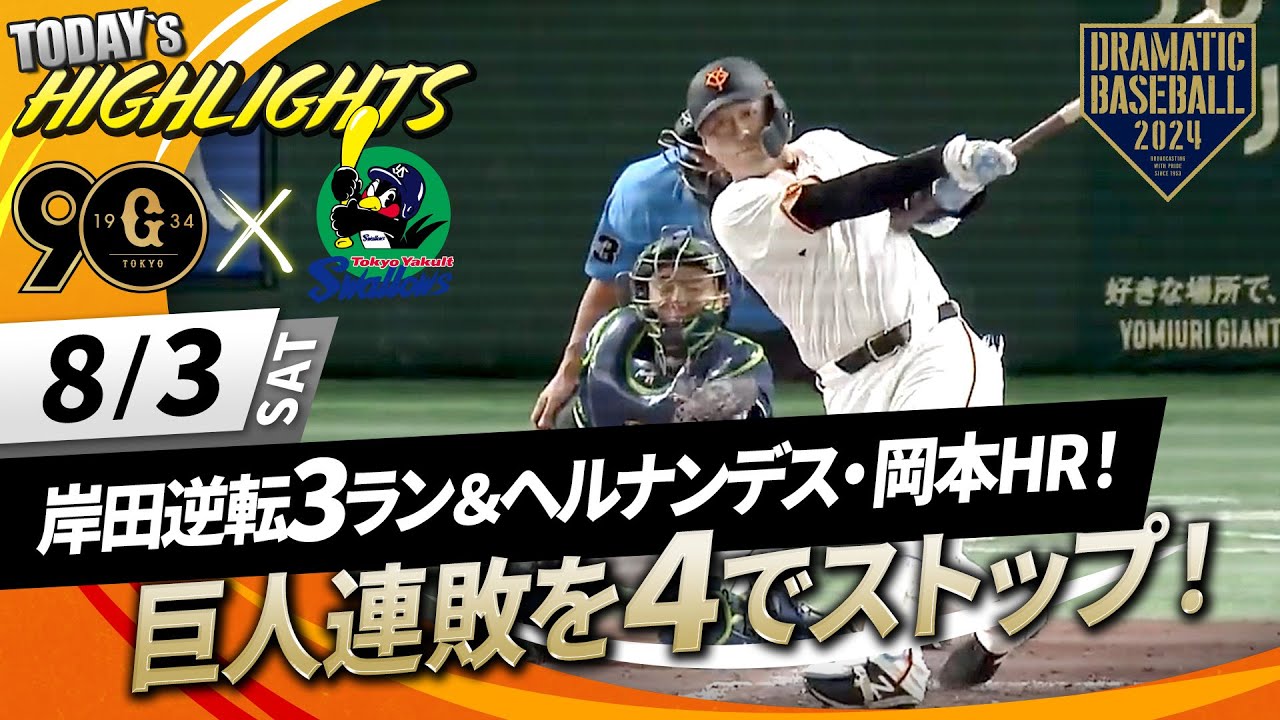 【ハイライト・8/3】巨人連敗を4でストップ！岸田逆転3ラン＆ヘルナンデス・岡本HR！船迫投打に活躍【巨人×ヤクルト】