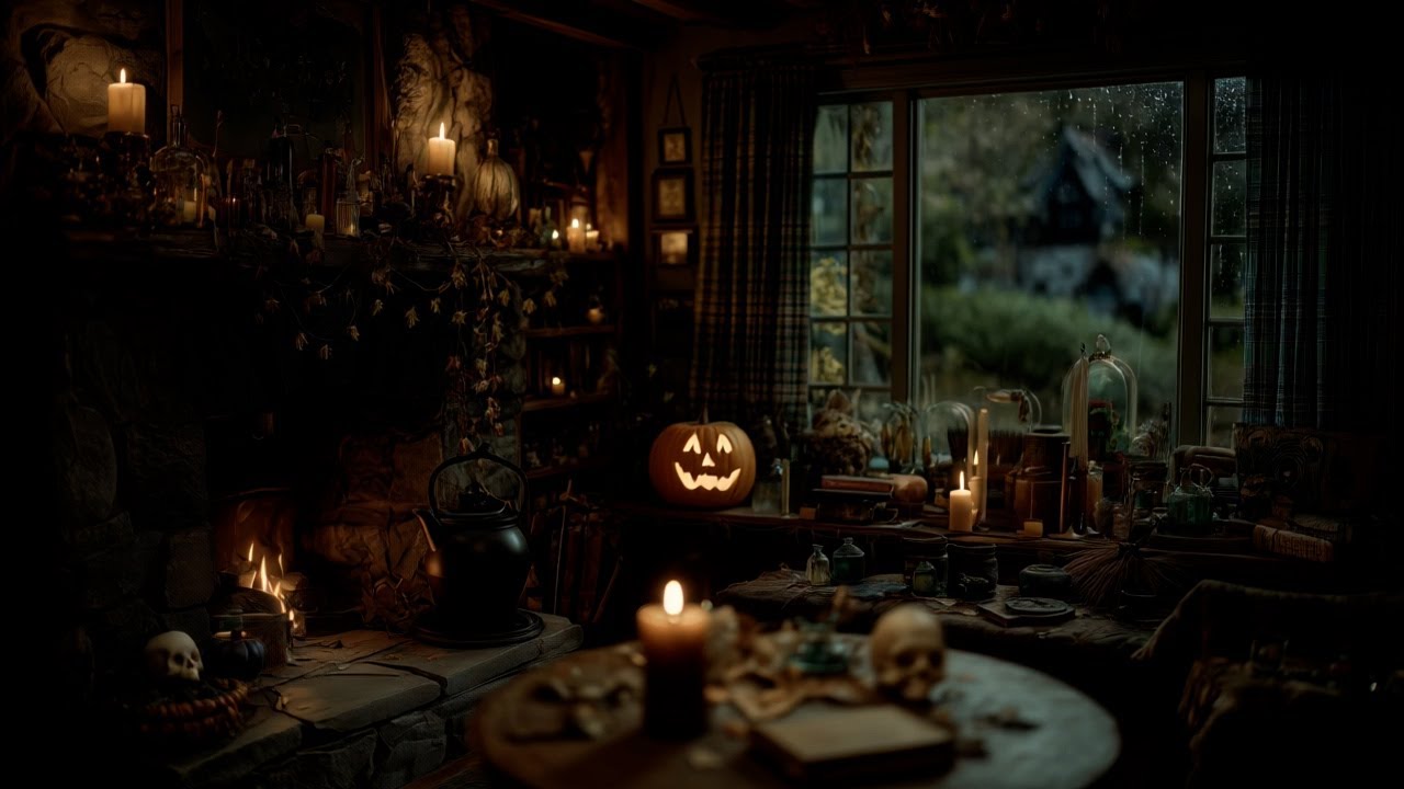 Cozy Halloween Parlor — Thunderstorm & Crackling Fireplace (Autumn Ambience)