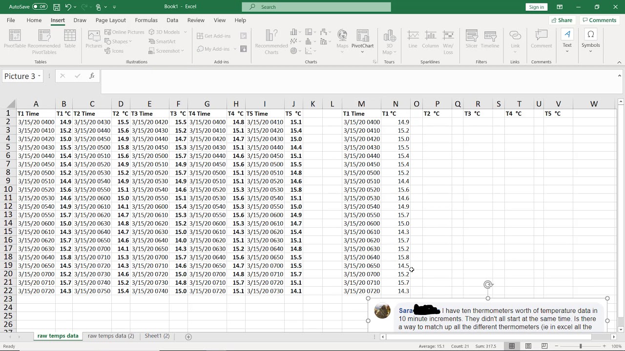 Excel: line up temperature data