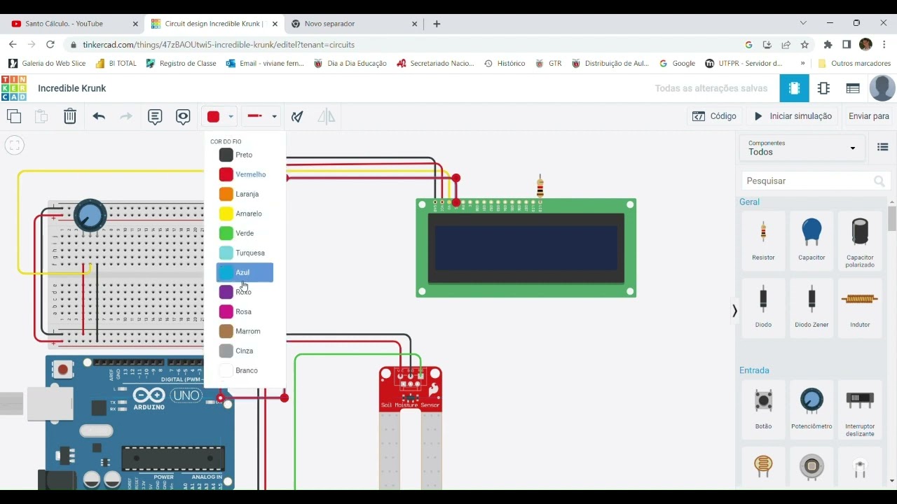 sensor de umidade do solo e display LCD programação em blocos tinker cad