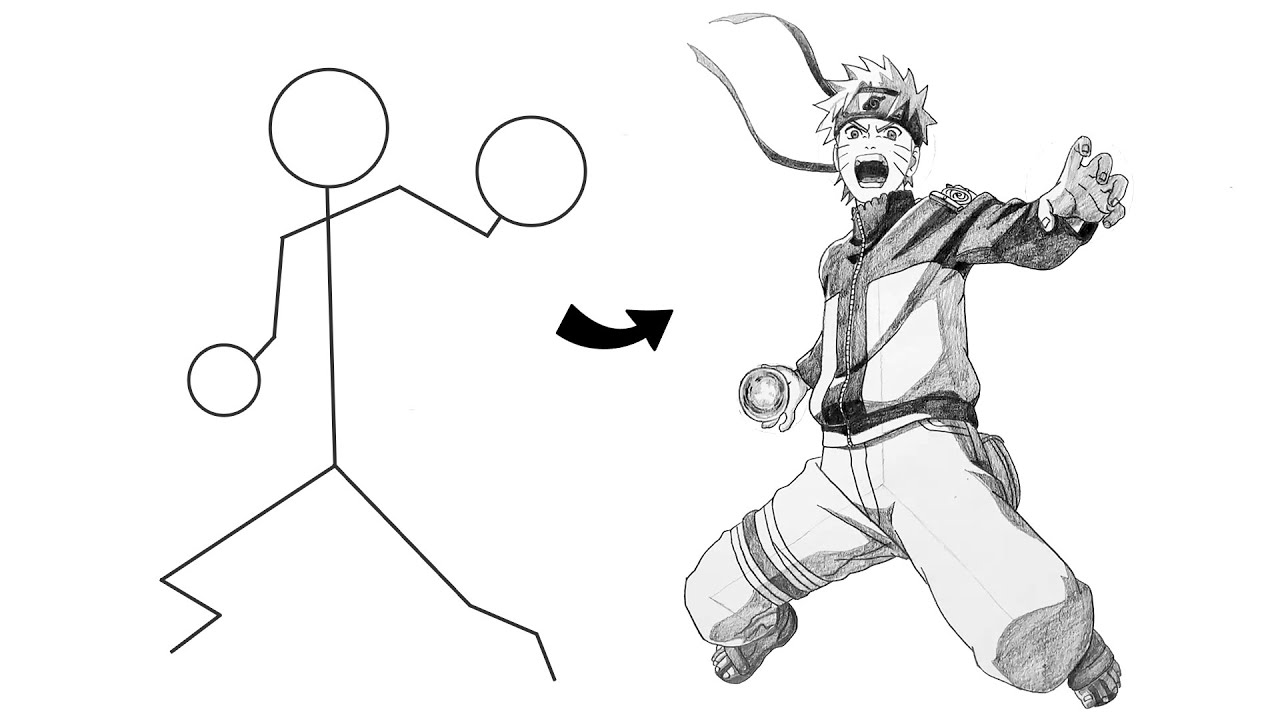 How to Draw Naruto Full Body from Stick Man | Anime Drawing Step-by-Step